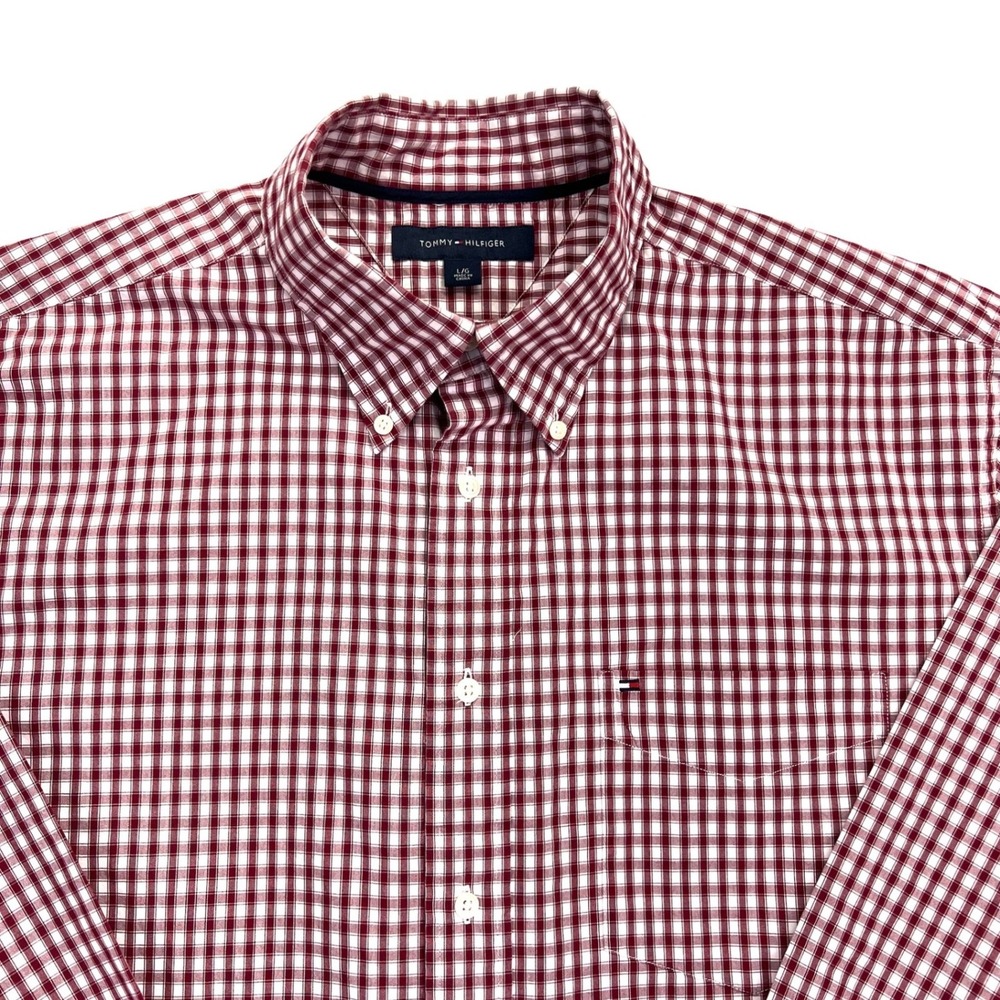 Tommy Hilfiger Mens Large Burgundy Gingham Cotton Button Down Shirt Long Sleeve